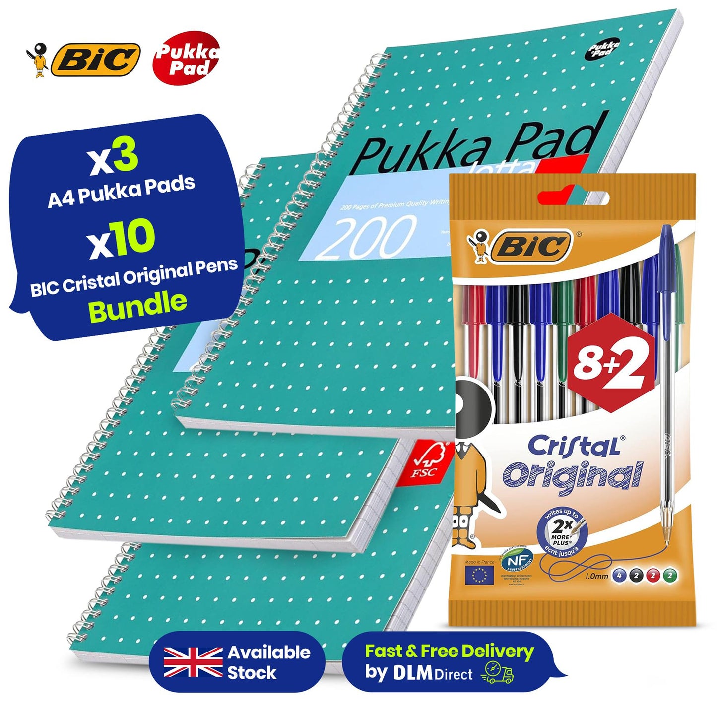 Pukka Pad A4 Metallic Jotta 3-Pack & BIC Cristal Ballpoint Pens 10-Pack, 200-Page Notebook for Office & Home