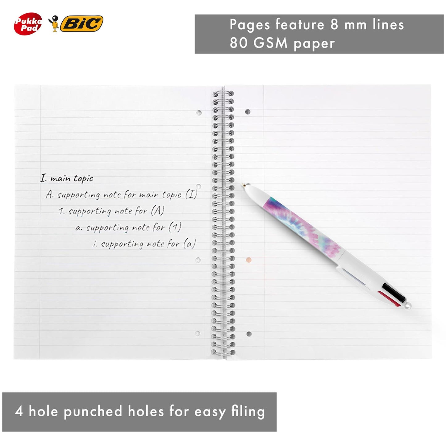 Pukka Pad 3x A4 Jotta Notebook & 3x BIC 4 Colour Tie Dye Ballpoint Pens1.0mm Medium Tip Ideal for School and Office Use