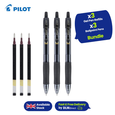 Pilot G-207 Retractable Gel Rollerball Medium Value Pack Black (Pack of 3) + Pilot G2-07 Refill - Medium - Black - Pack of 3