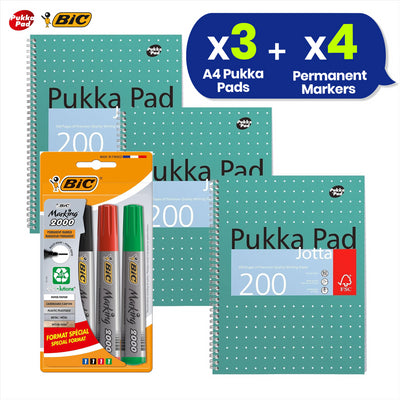 Pukka Pad 3x A4 Jotta Notebook & 4x BIC Marking 2000 Permanent Marker Ideal for School and Office Use