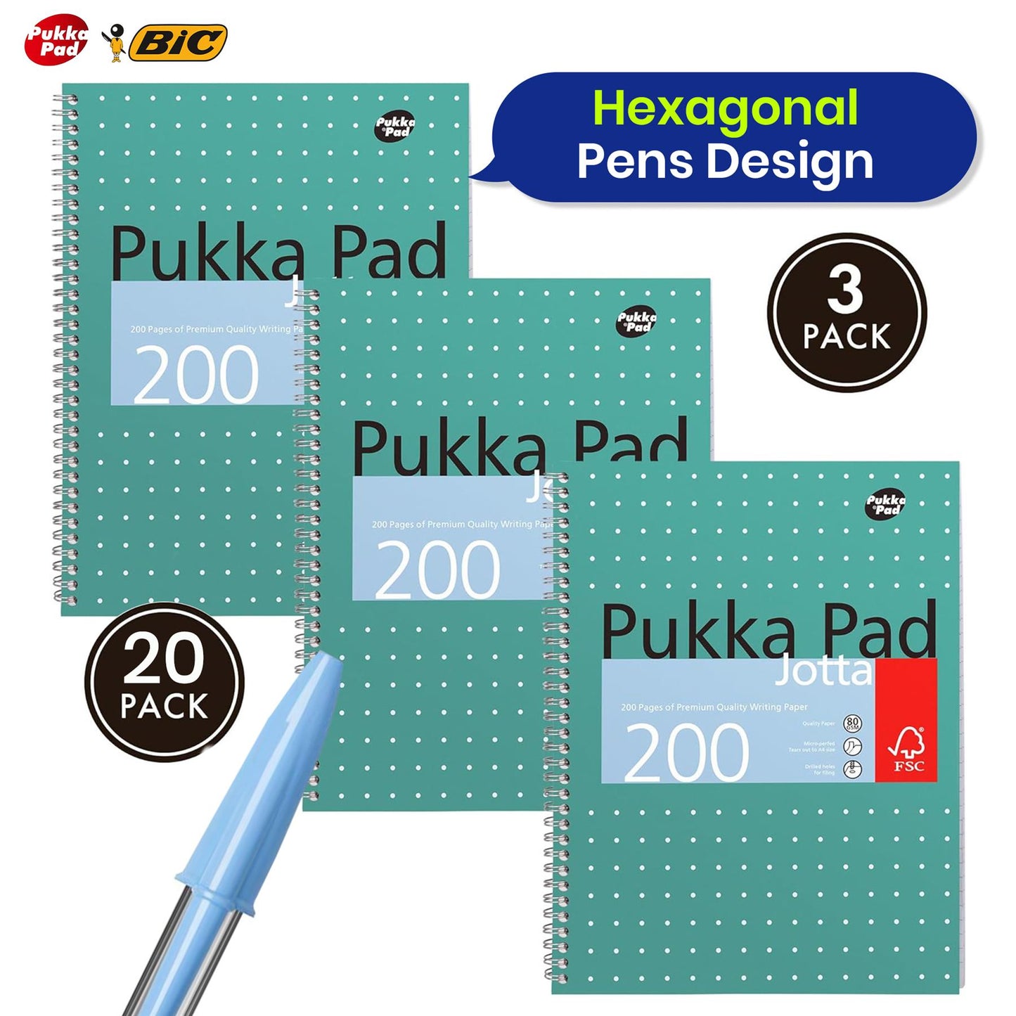 Pukka Pad, A4 Metallic Jotta Book 3 Pack + Bic Cristal Fun Ballpoint Pens, Wide Point (1.6 m), Box of 20, Turquoise Colour