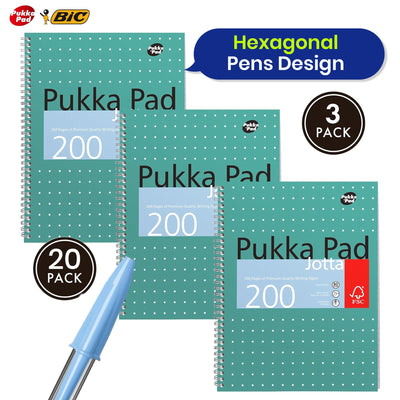 Pukka Pad, A4 Metallic Jotta Book 3 Pack + Bic Cristal Fun Ballpoint Pens, Wide Point (1.6 m), Box of 20, Turquoise Colour