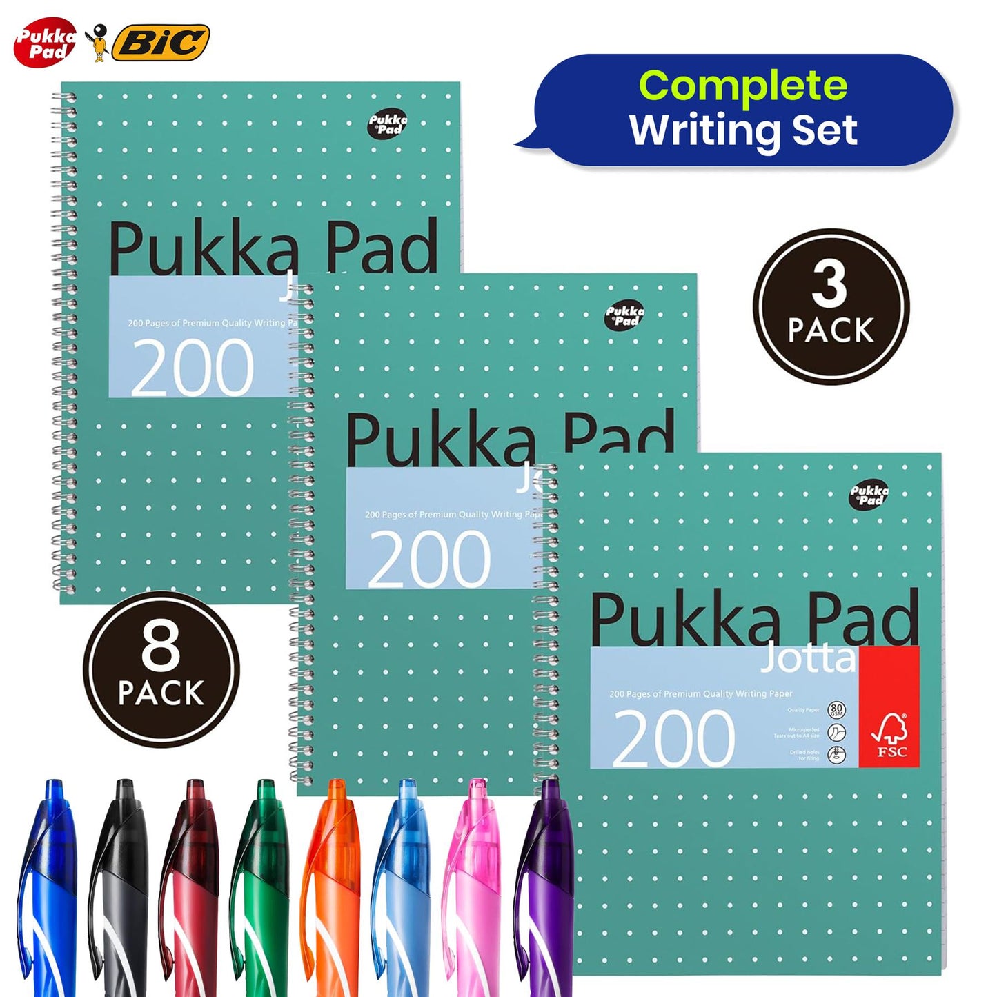 Pukka Pad, A4 Metallic Jotta Book 3 Pack � 21 x 30cm + Bic Gel-ocity Quick Dry Ballpoint Pens - Assorted Colours, Pack of 8