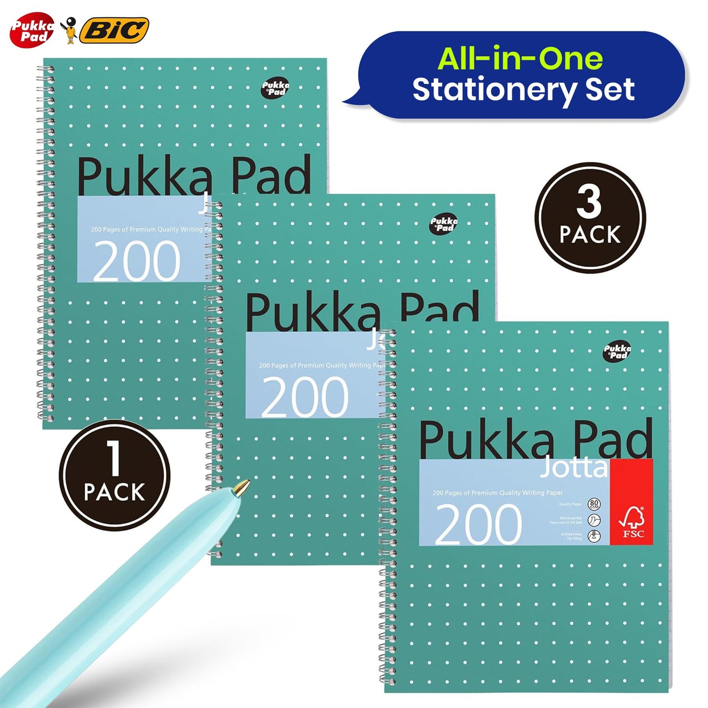 Pukka Pad 3x A4 Jotta Notebook & BIC 4 Colours Fun Ballpoint Pens Ideal for School and Office Use