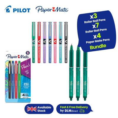 Pilot Frixion Clicker Erasable Pens 0.7mm 3 Pack, 7 Colours  BX V5 High Tech Rollerball Pen & 4 Pack Paper Mate Flair Pens