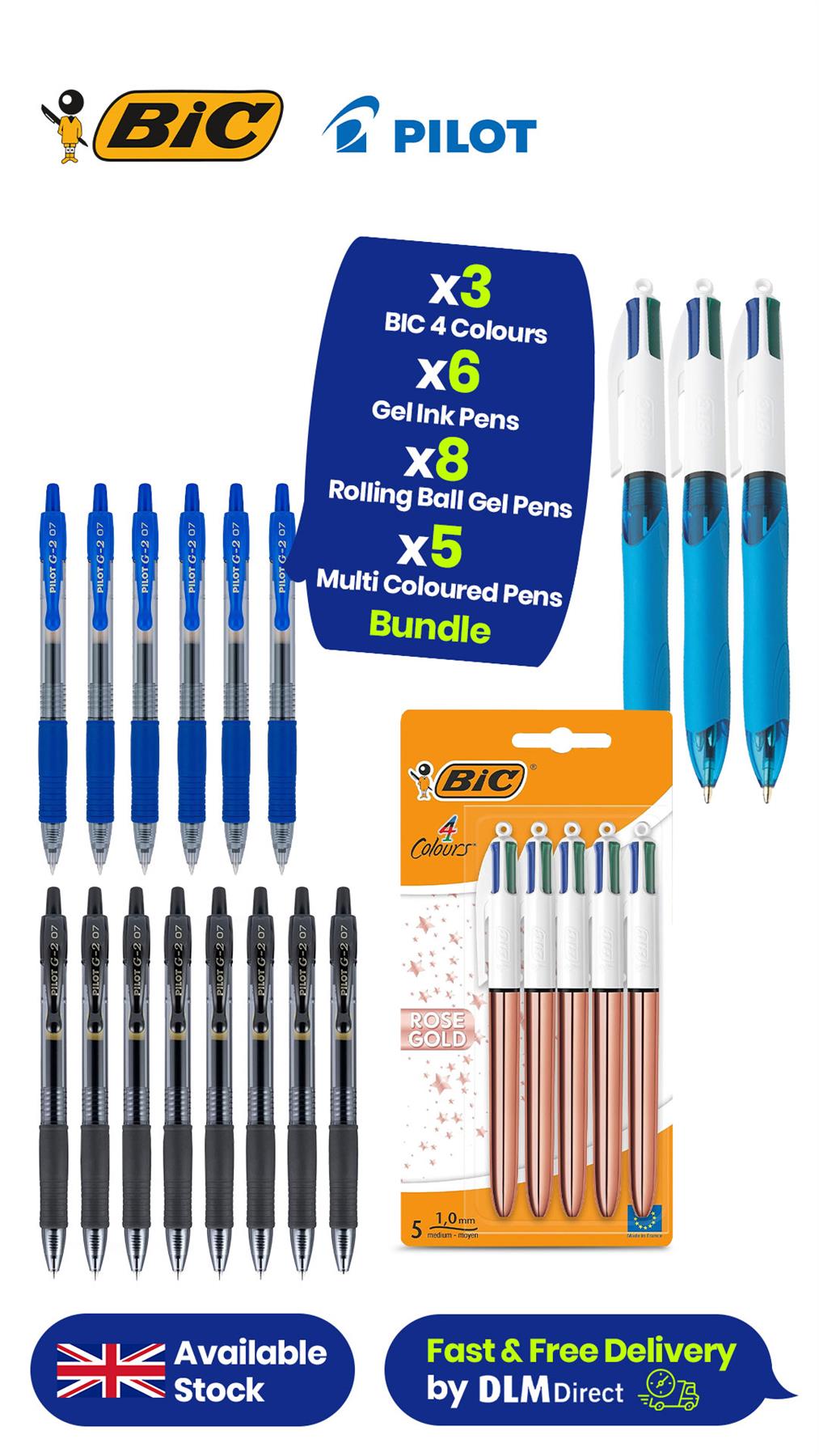 PILOT G2, Black, 8-Pack + BIC 4 Colours Rose Gold Pen, Multi Coloured Pens All In One,5 Pens Per Pack, 1 Pack + PILOT Pen 2605 G2 Blue (Pack of 6) + BIC 4 Colours Retractable Ballpoint Pens, Blue, Pack Of 3