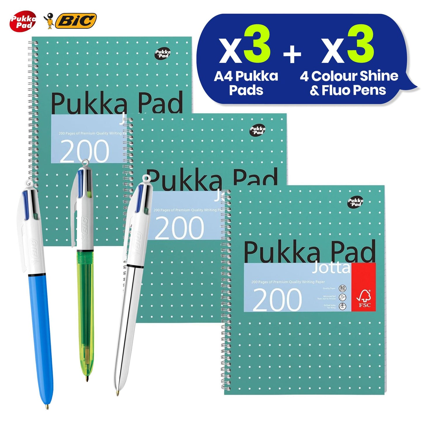 Pukka Pad 3x A4 Jotta Notebook & Pack of 3 BIC 4 Colours Pen Shine & Fluo Ideal for School and Office Use