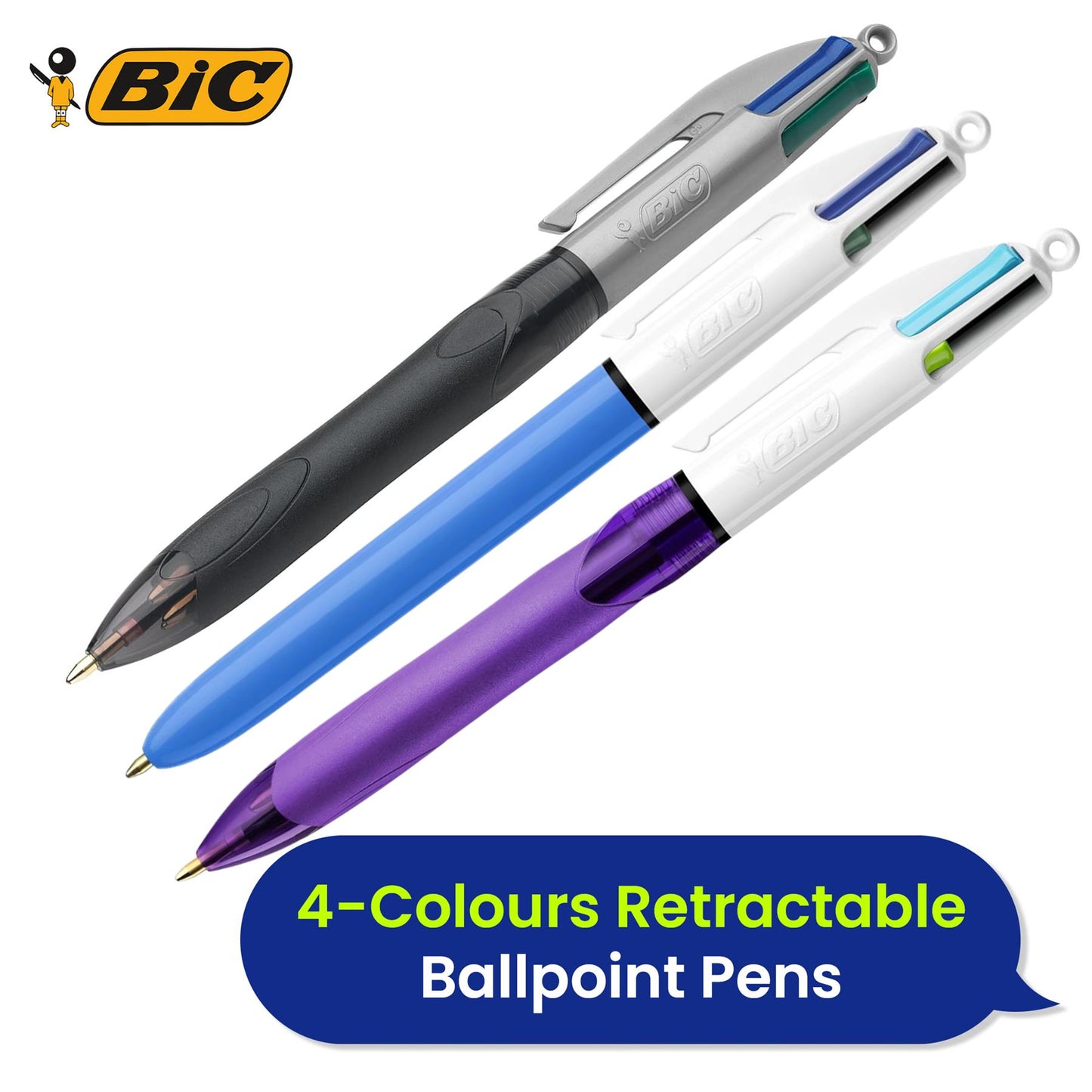 BIC 3x Grip 4 Colours Pens Multicoloured Pens with Rubber Grip for Writing