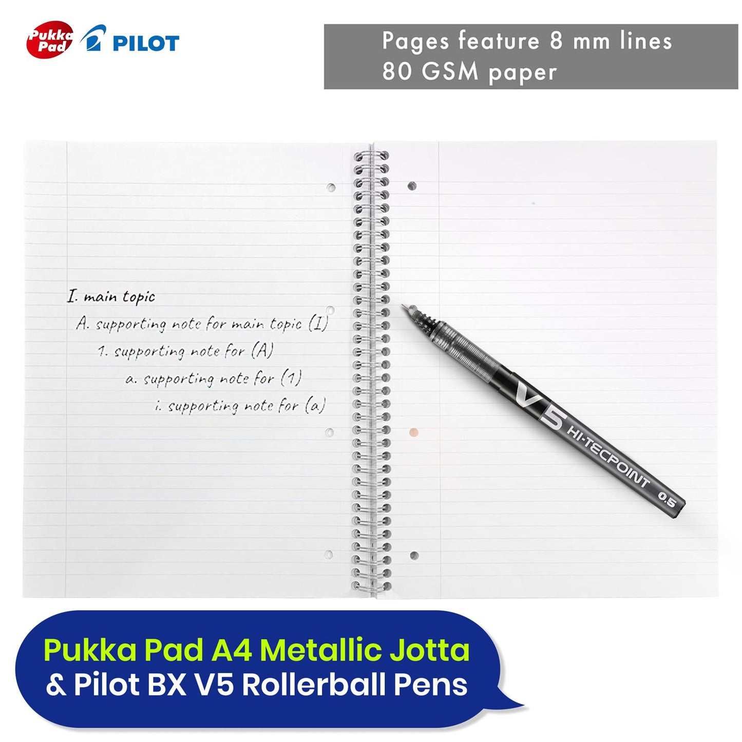 Pukka Pad 3x A4 Jotta Notebook & 7x Pilot BX V5 High Tech Rollerball Pen Ideal for School and Office Use