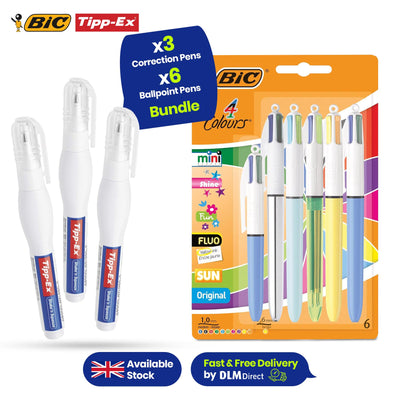 BiC 4 Colours Assorted Ballpoint Pens Medium Nib Assorted Ink - Blister Pack of 6 + Tipp-Ex Correction Pen � 8 ml, - Pack of 3