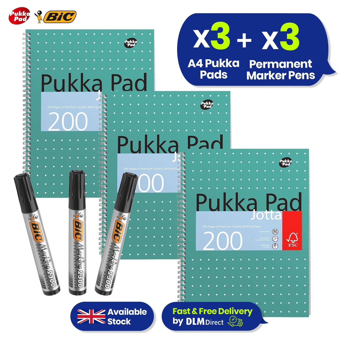 Pukka Pad 3x Metallic Jotta Notebooks & 3x BIC Marking 2300 Markers for Office & Creative Use