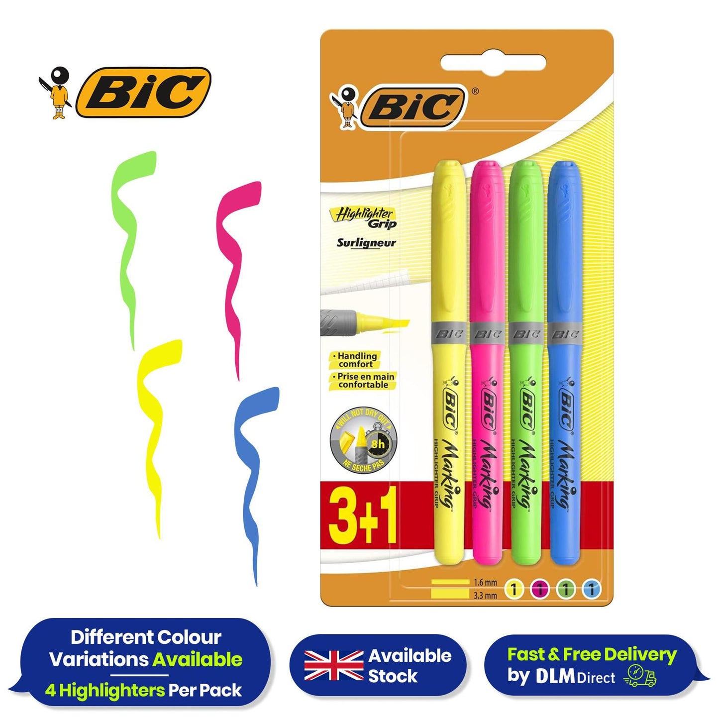 BIC Briteliner Grip Highlighters - Yellow/Blue/Green/Pink (Pack of 4)