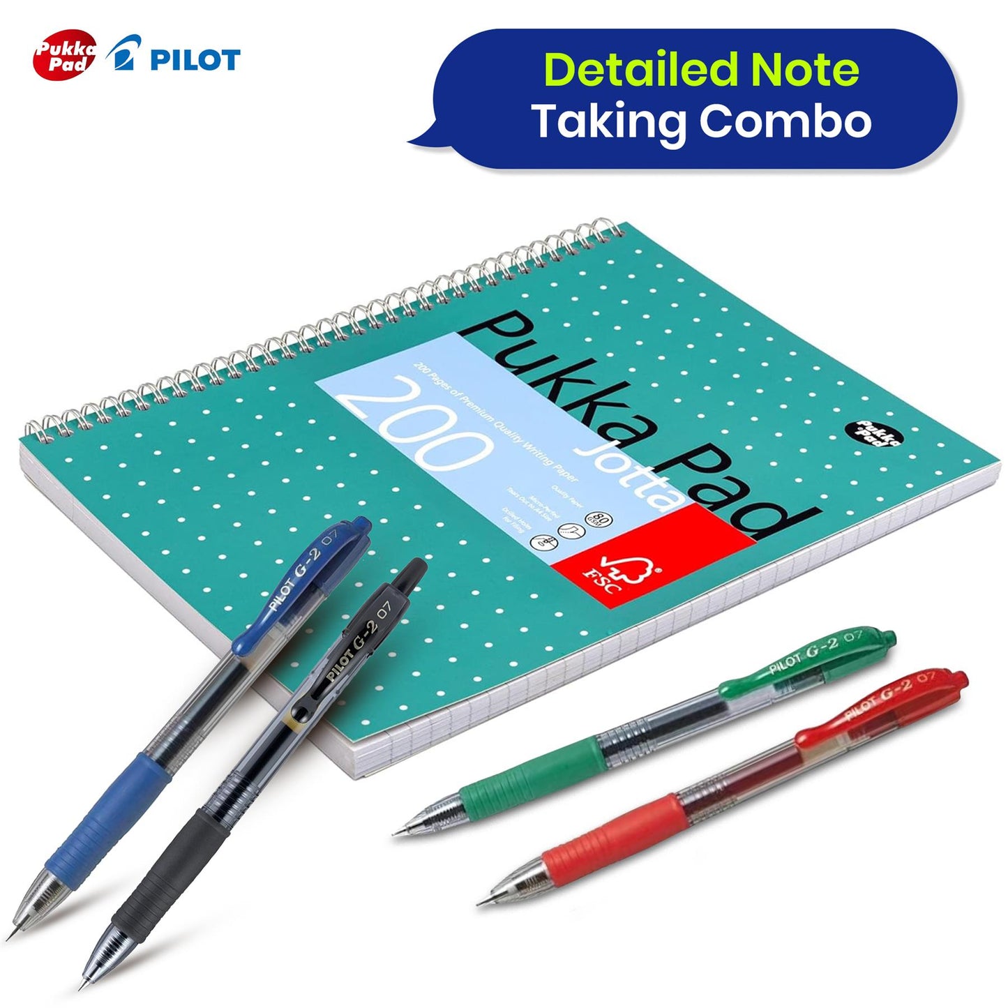 Pukka Pad 3x A4 Jotta Notebook & Pilot 6x G2 Assorted Pens Ideal for School and Office Use