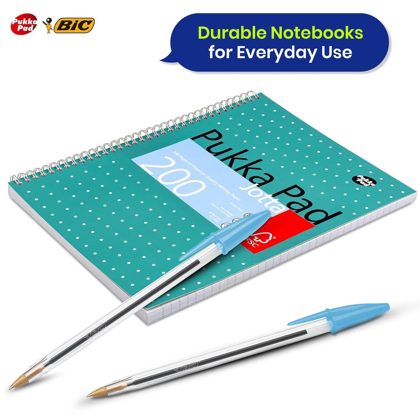 Pukka Pad, A4 Metallic Jotta Book 3 Pack + Bic Cristal Fun Ballpoint Pens, Wide Point (1.6 m), Box of 20, Turquoise Colour