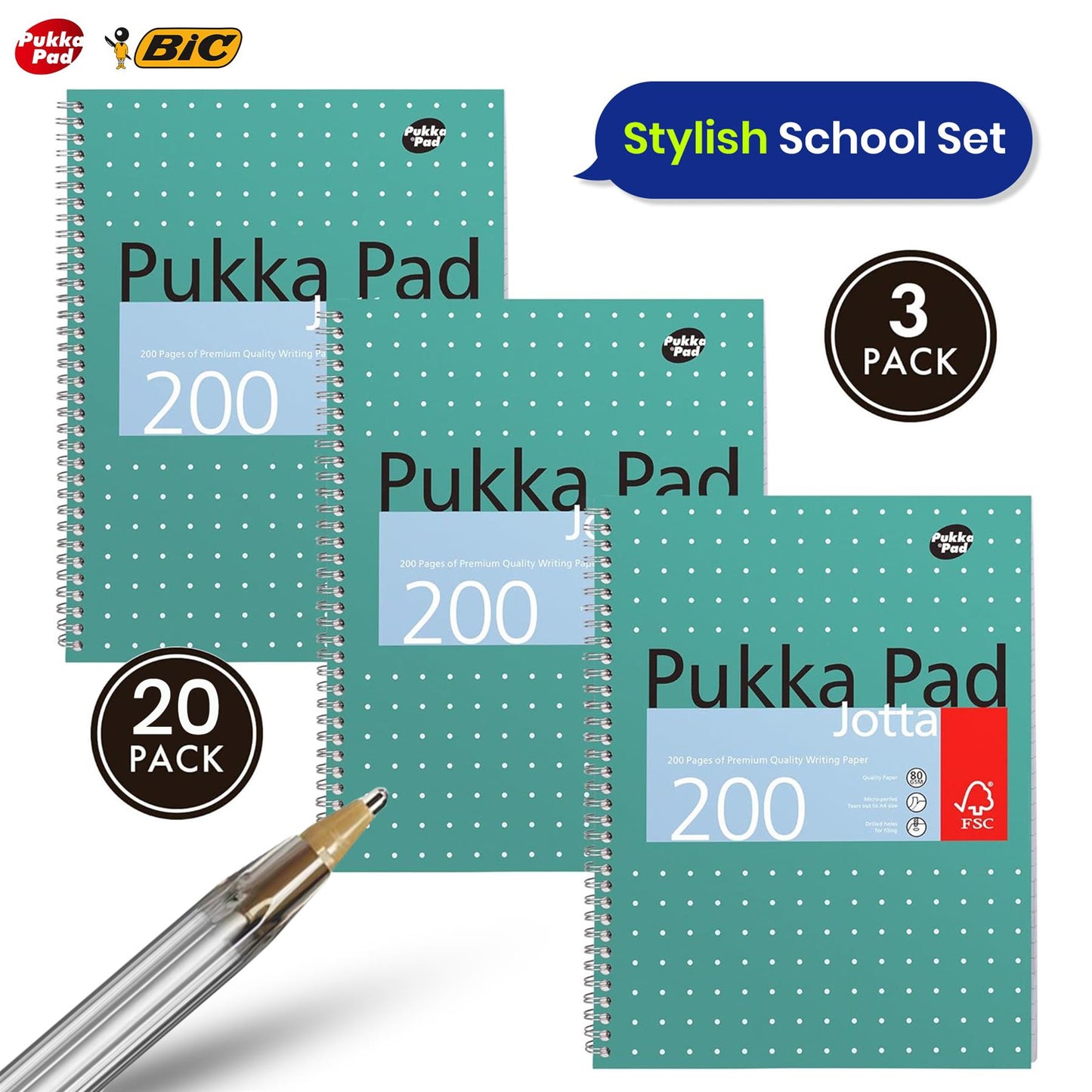 Pukka Pad 3x A4 Jotta Notebook & BIC Cristal Fun Ballpoint Pens Pack of 20 Ideal for School and Office Use