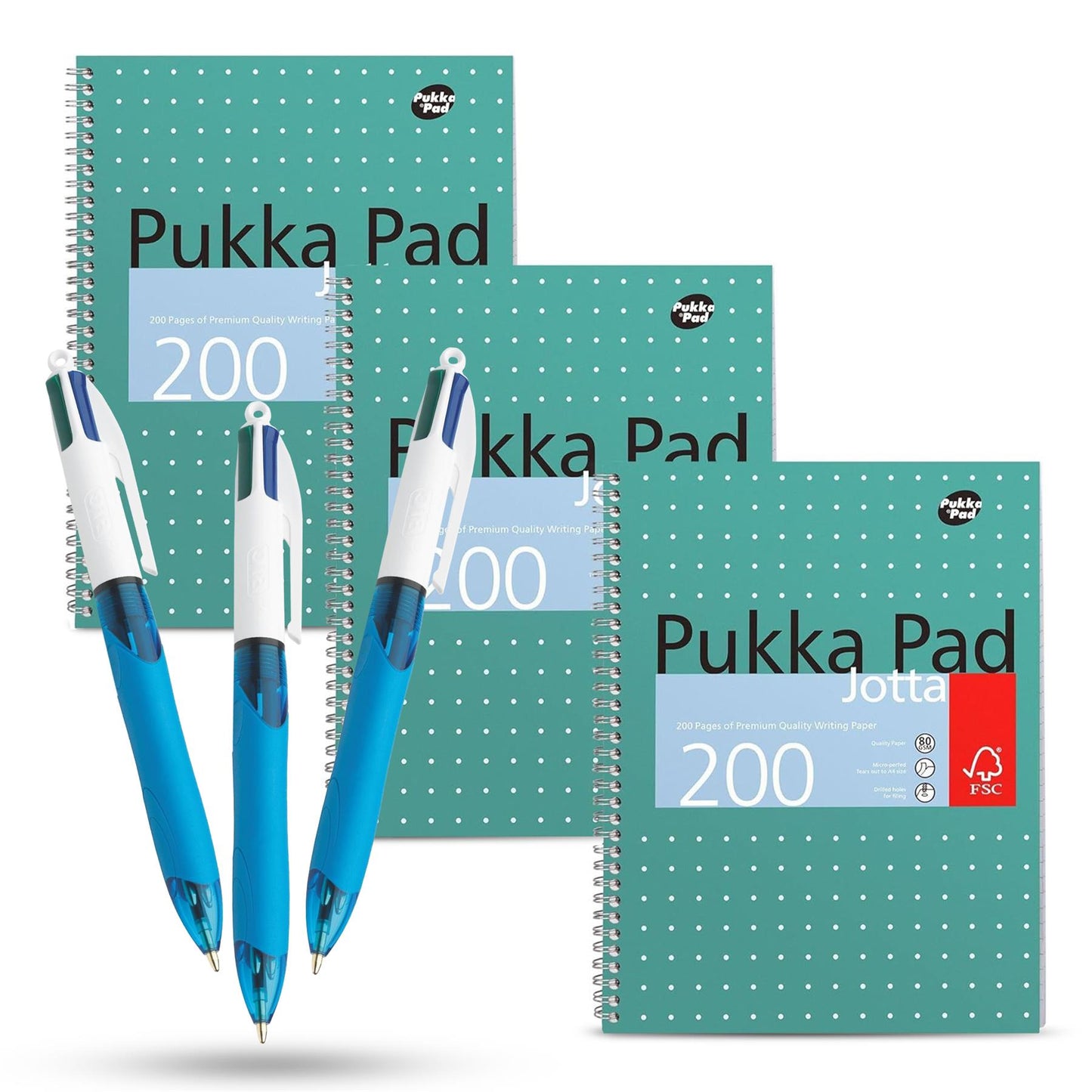 Pukka Pad 3x A4 Jotta Notebook & 3x BIC 4 Colours Ballpoint Pens1.0mm Medium Tip Ideal for School and Office Use