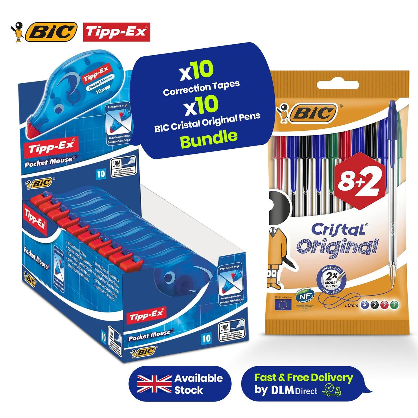 10x BIC Cristal Original Ballpoint Pens & 10x Tipp-Ex CorrectionTape Ideal for School & Office Essentials