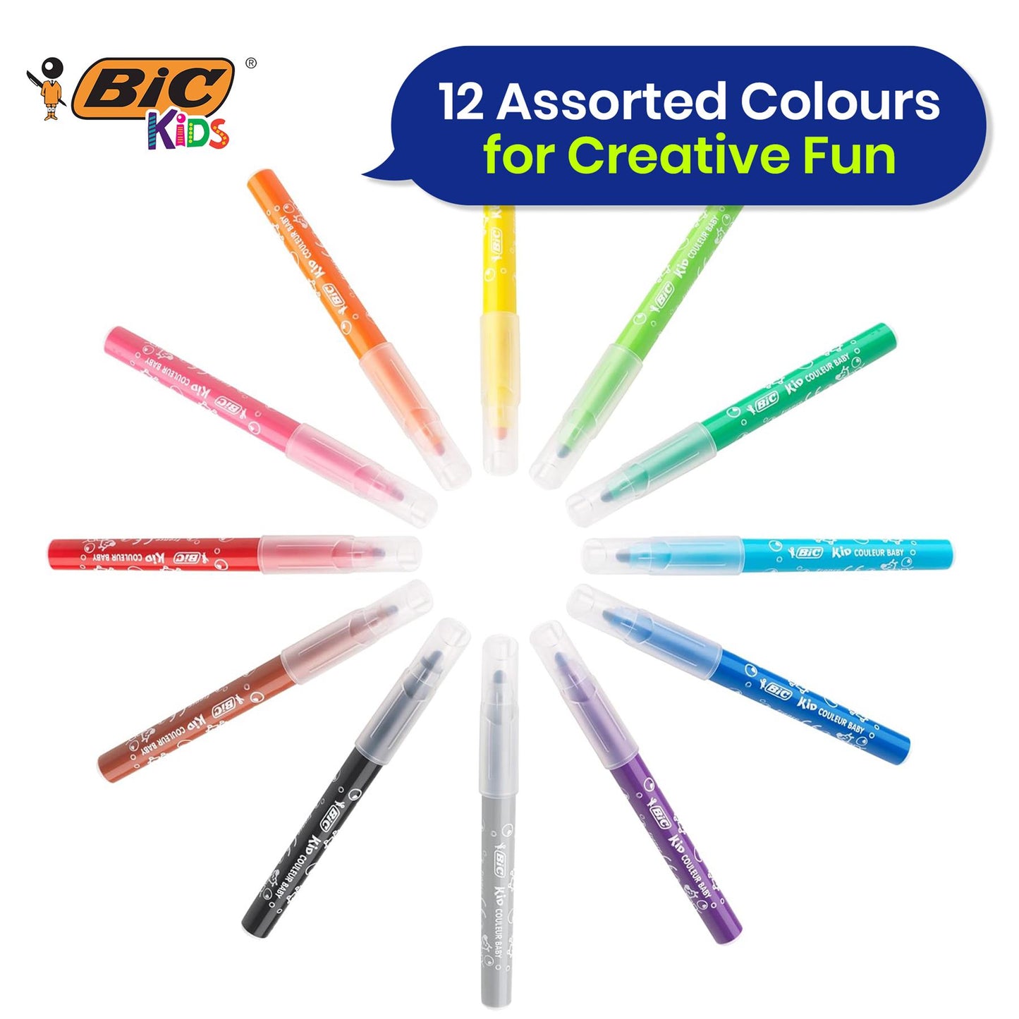 12x BIC Kids Kid Couleur Baby Colouring Pens & Evolution Ecolutions Colouring Pencil 18Pcs Pencils, Washable Ink and Easy to Use Set