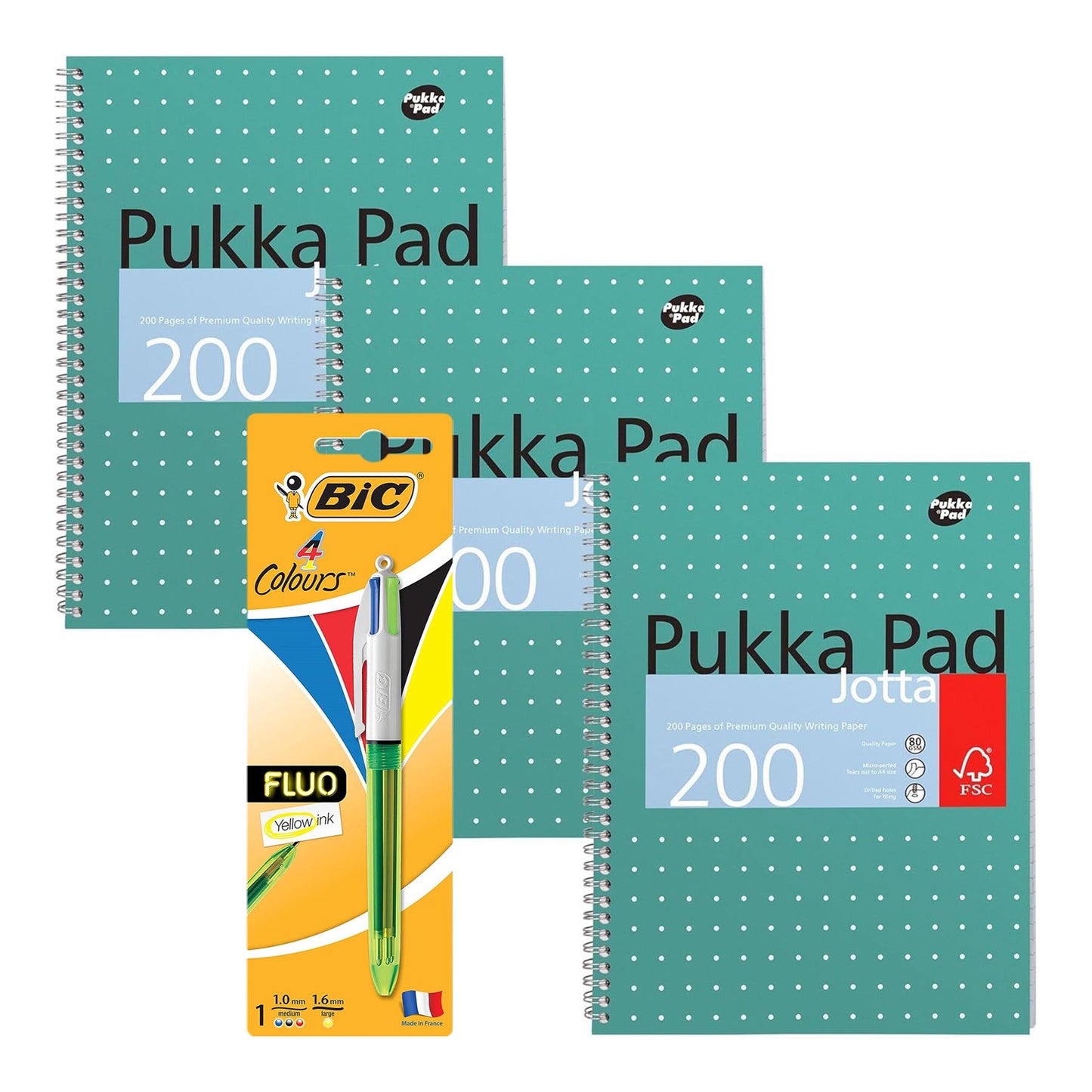 Pukka Pad 3x A4 Jotta Notebook & BIC 4 Colours Fluo Ballpoint Pen Ideal for School and Office Use