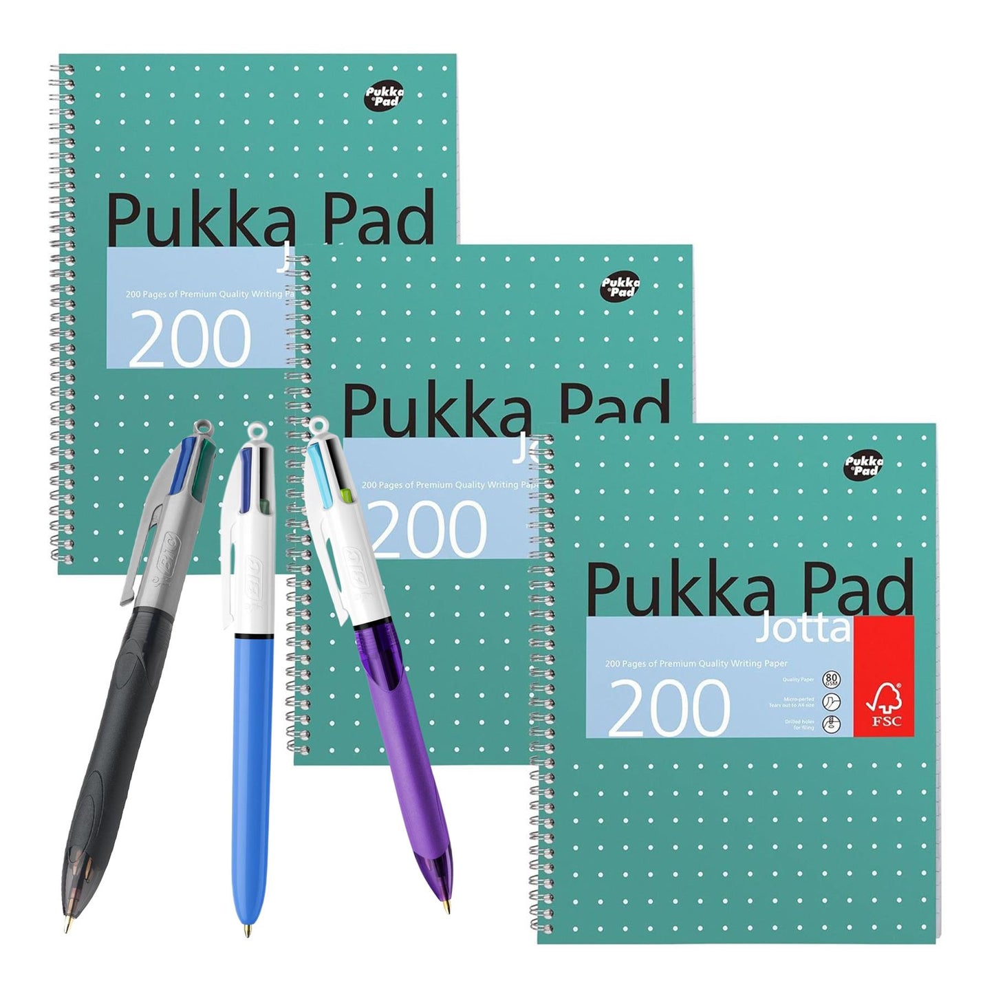 Pukka Pad, A4 Metallic Jotta Book 3 Pack � 21 x 30cm + Bic Grip 4-Colours Retractable Pens [Pack of 3] 1 x Grip, 1 x Grip Pro, 1 x Grip Fun/Fashion colours Medium 1.0mm