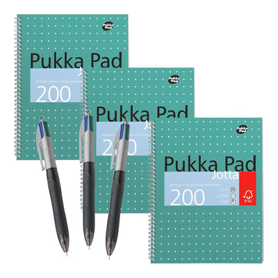 Pukka Pad, A4 Metallic Jotta Book 3 Pack � 21 x 30cm + BIC 4 Colour Grip Pro Pen Plastic Barrel 1.0mm Multi-Pen Four Ink Colours