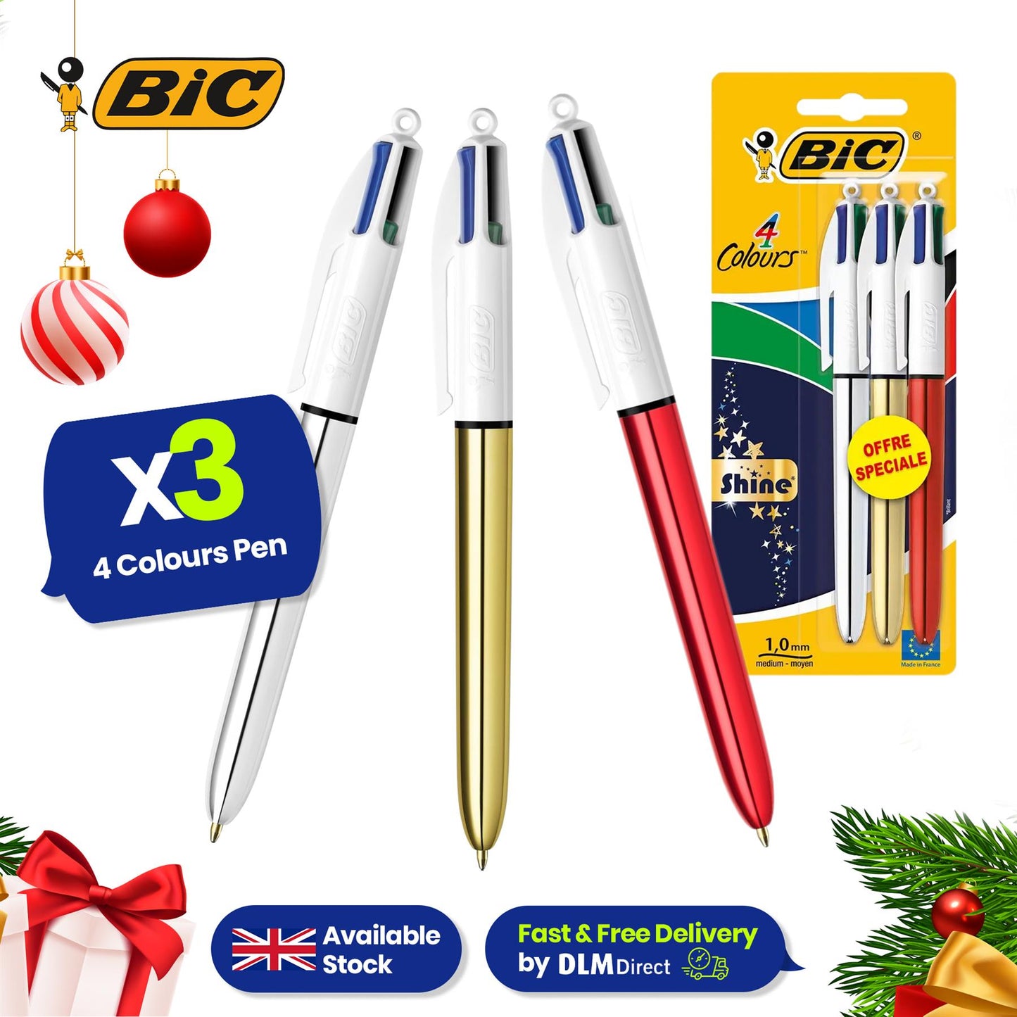 Bic 4 Colour Shine - Christmas Blister 1 Gold, 1 Silver, and 1 Red Pen