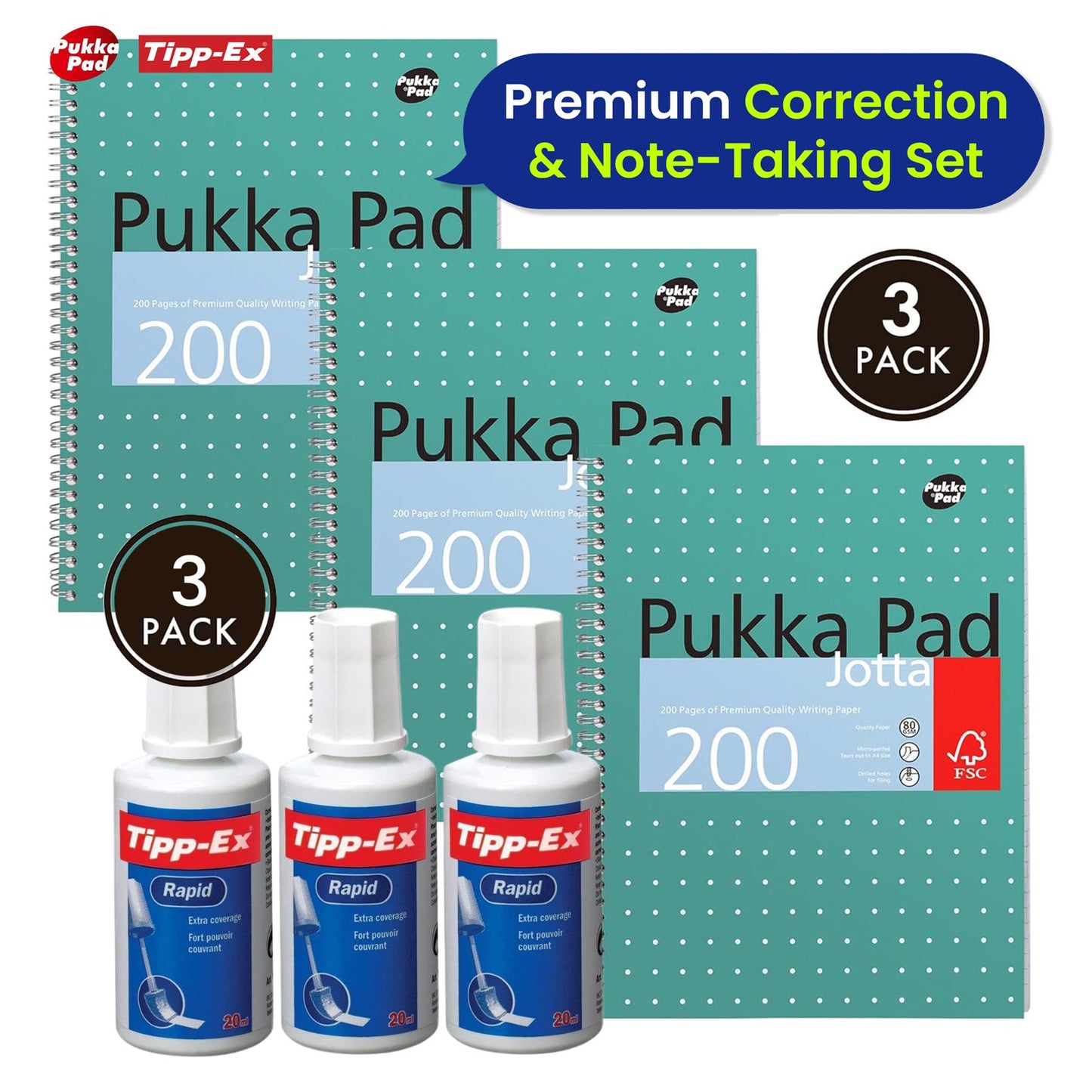 3x Tipp-Ex Rapid Correction Fluid & Pukka Pad A4 Jotta Books, 3 Pack, 200 Pages