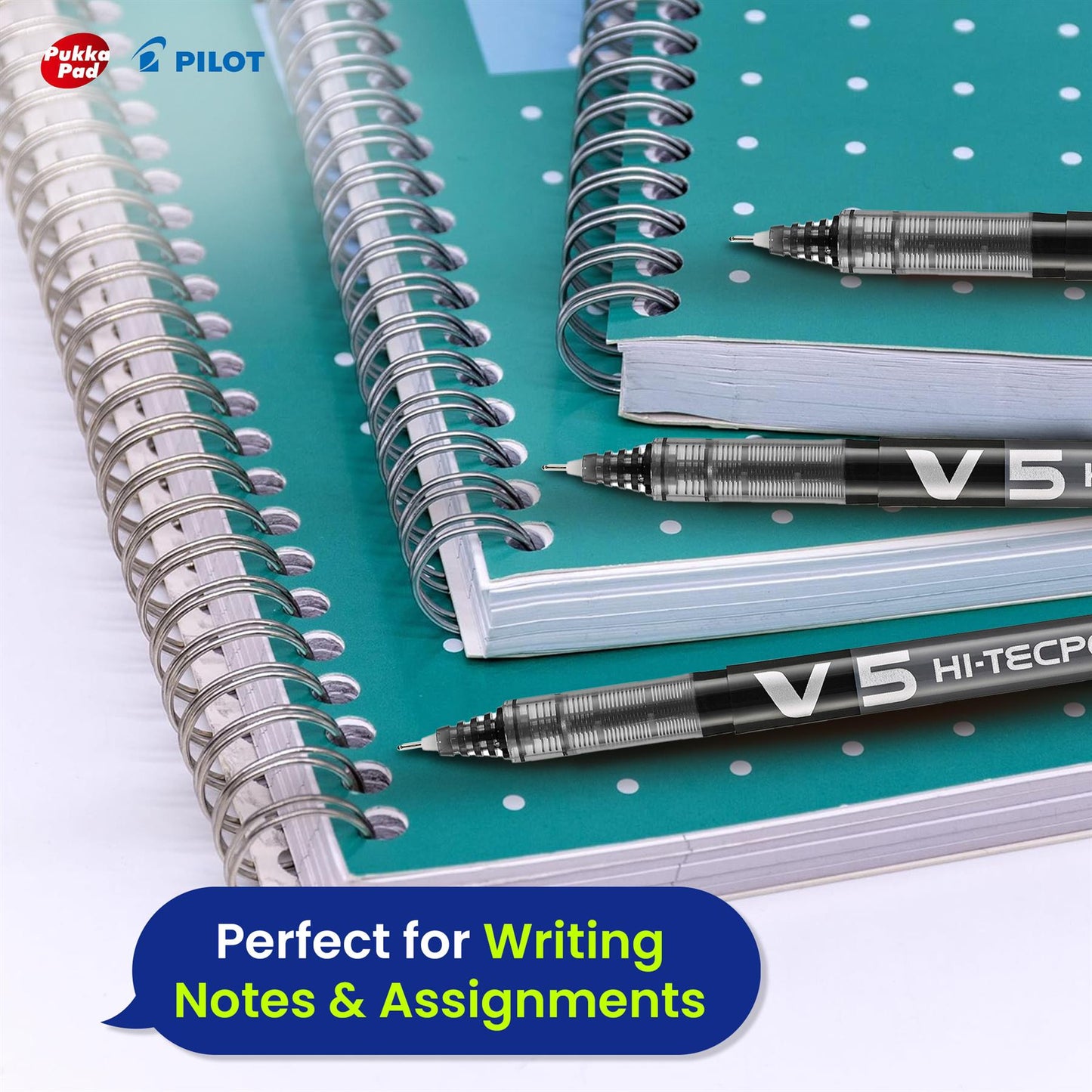 Pukka Pad, A4 Metallic Jotta Book 3 Pack � 21 x 30cm +  Pilot BX V5 Black Hi-Tecpoint Extra Fine Rollerball Pen 0.5 mm Nib Tip 0.3 mm Line Width (Pack of 6)