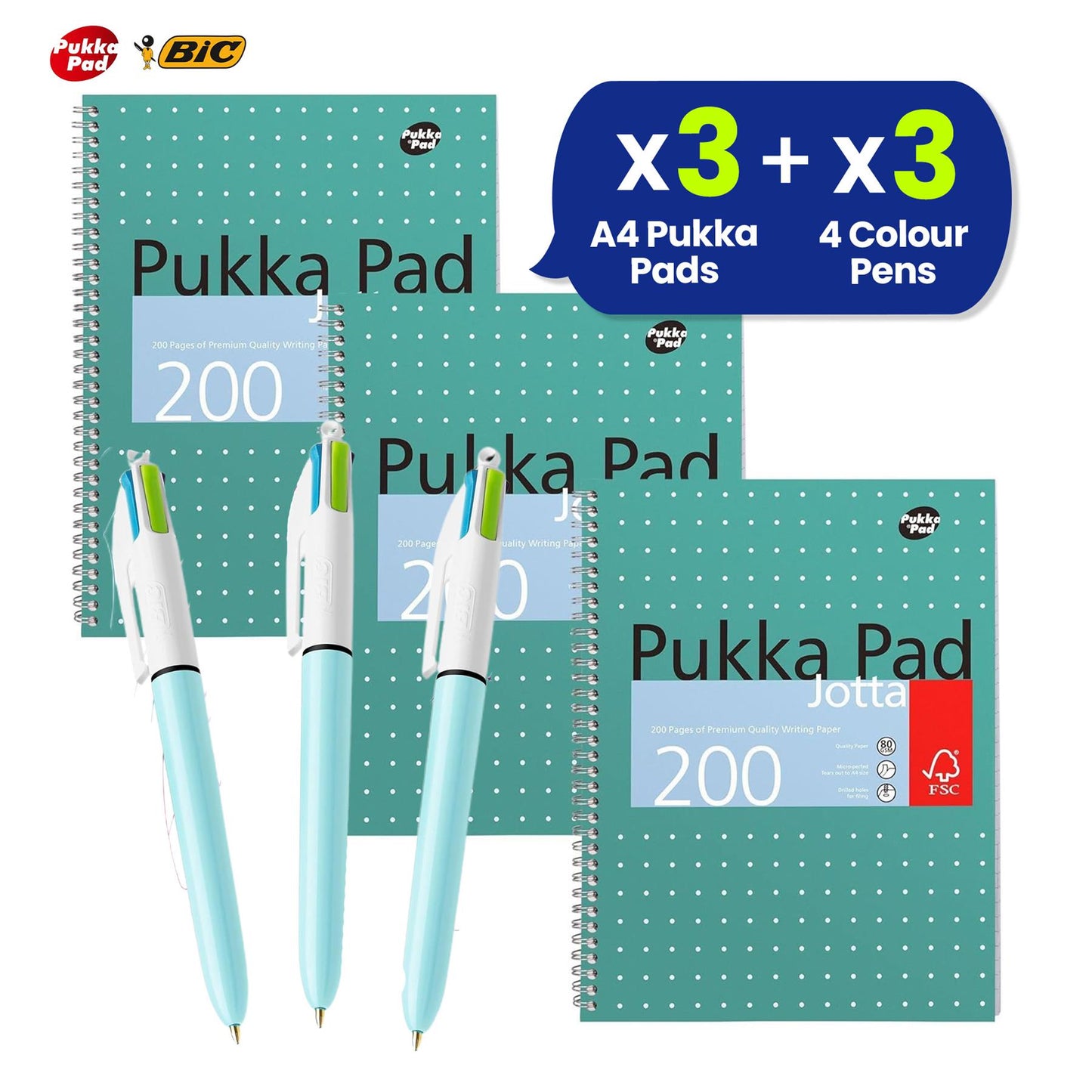 Pukka Pad 3x A4 Jotta Notebook & Pack of 3 BIC 4 Colour Fun Pen Ideal for School and Office Use