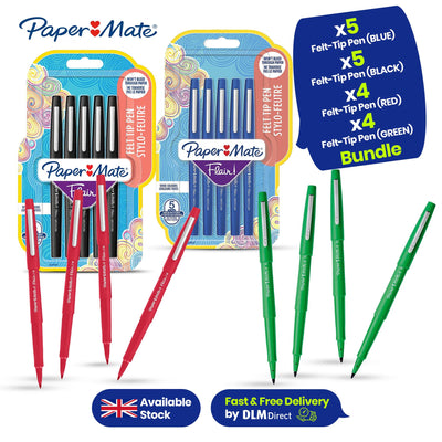 Papermate Flair Felt-Tip Pens Bundle, 4x Red, 4x Green, 5x Blue & 5x Black for Smooth & Vibrant Writing