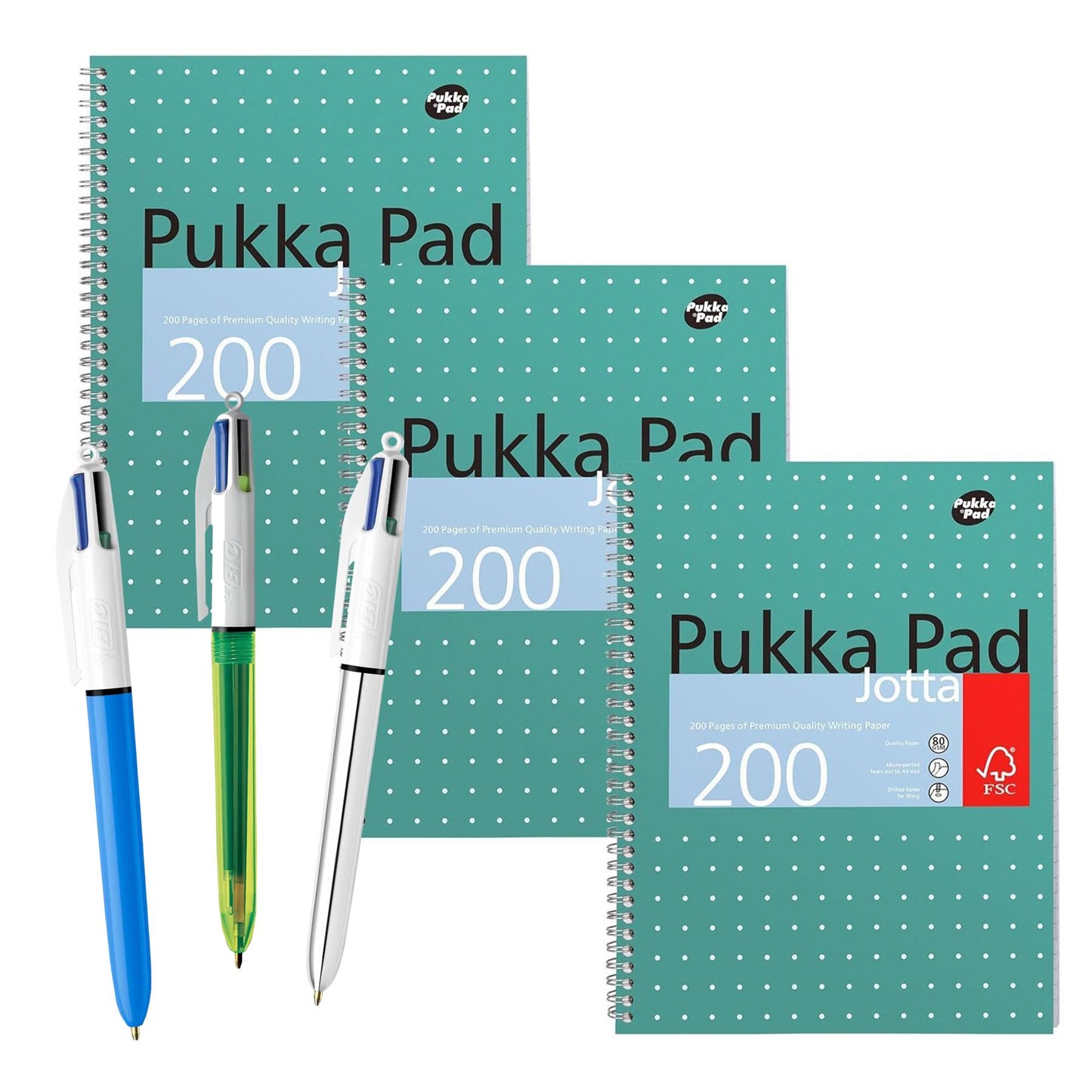 Pukka Pad 3x A4 Jotta Notebook & Pack of 3 BIC 4 Colours Pen Shine & Fluo Ideal for School and Office Use