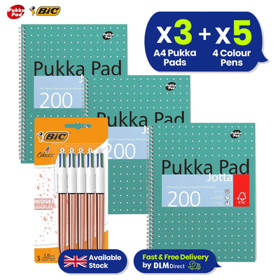 Pukka Pad, A4 Metallic Jotta Book 3 Pack � 21 x 30cm + BIC 4 Colours Rose Gold Pen, Multi Coloured Pens All In One, Retractable Ballpoint Pen, Medium 1.0mm, Green, Blue, Red, Black, 5 Pens Per Pack, 1 Pack