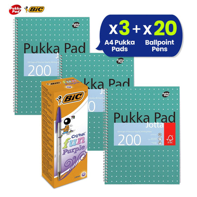 Pukka Pad 3x A4 Notebook 200 Pages & 20x BIC Cristal Fun Purple 1.6mm Pens