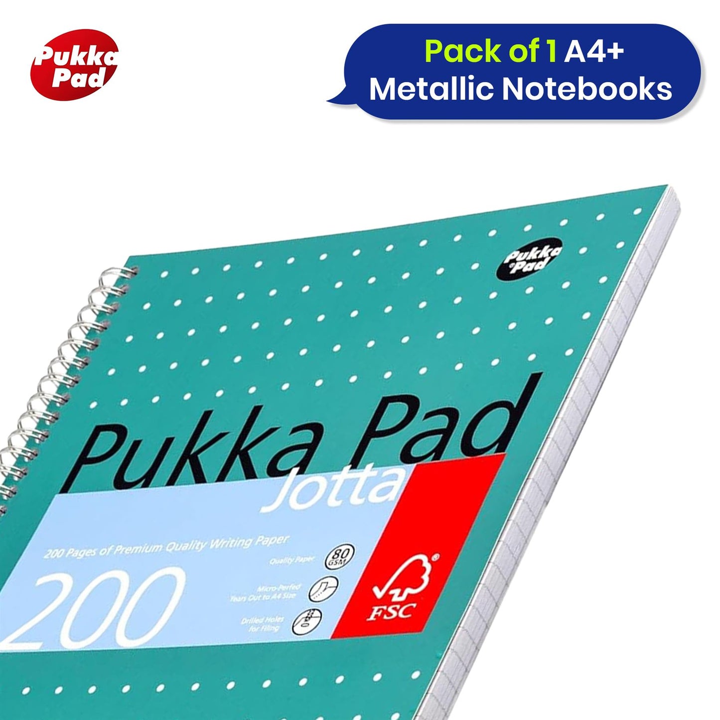 Pukka Pad A4+ Metallic Jotta Book, 200 Pages, 8mm Lined Green, 80 GSM, Wirebound & Perforated for School & Office Use