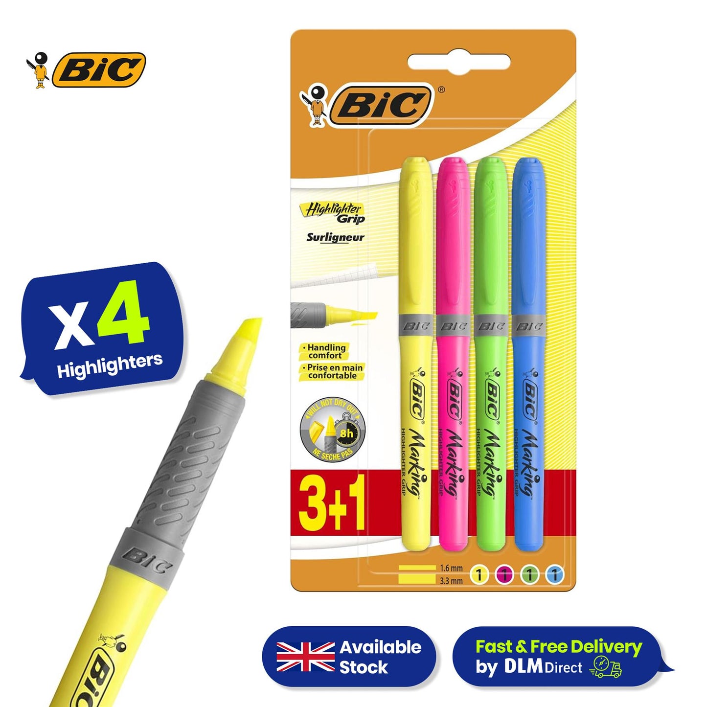 BIC Briteliner Grip Highlighters - Yellow/Blue/Green/Pink (Pack of 4) + BIC Ink Eater Permanent Eraser Pens - Blister Pack of 4 +Tipp-Ex Fluid 20ml - Pack of 1