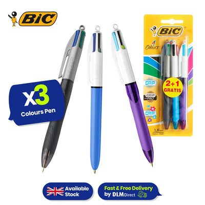 BIC 3x Grip 4 Colours Pens Multicoloured Pens with Rubber Grip for Writing