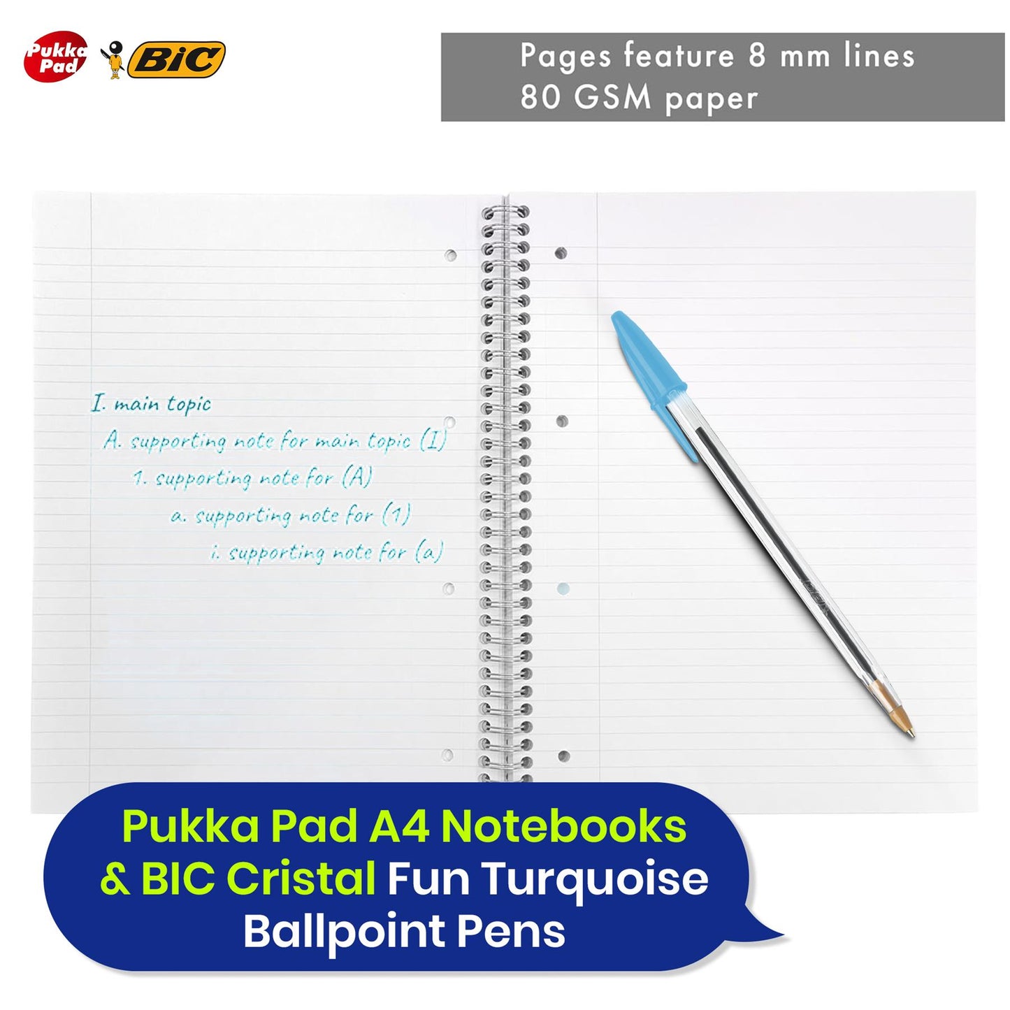 Pukka Pad, A4 Metallic Jotta Book 3 Pack + Bic Cristal Fun Ballpoint Pens, Wide Point (1.6 m), Box of 20, Turquoise Colour