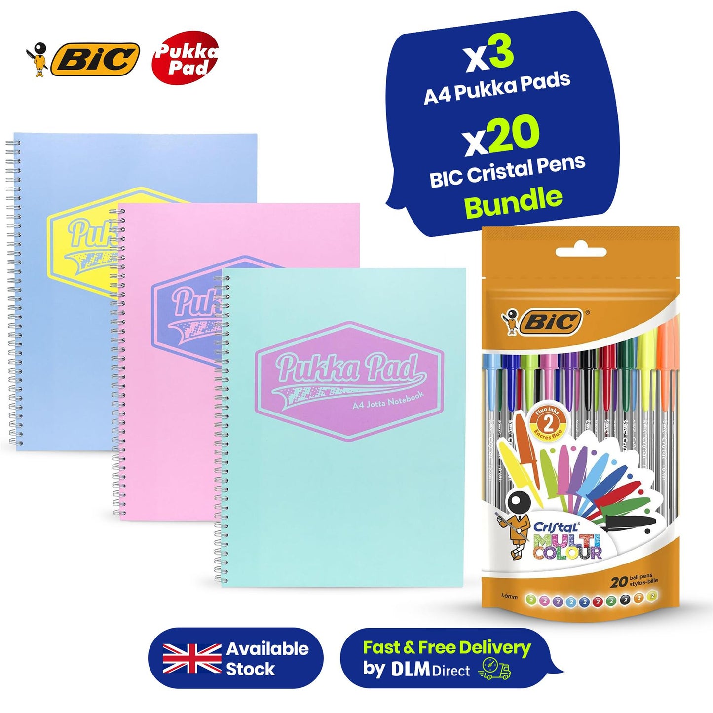 Pukka Pad Pastel Jotta Pad, A4, Pack of 3 + BIC Cristal Multi Colour Ballpoint Pens pack of 20