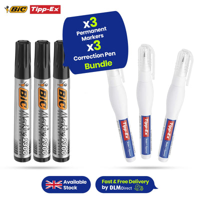 BIC Tipp-Ex Correction Fluid 3 Pack White & BIC Marking 2300 Permanent Marker 3 Pack Black