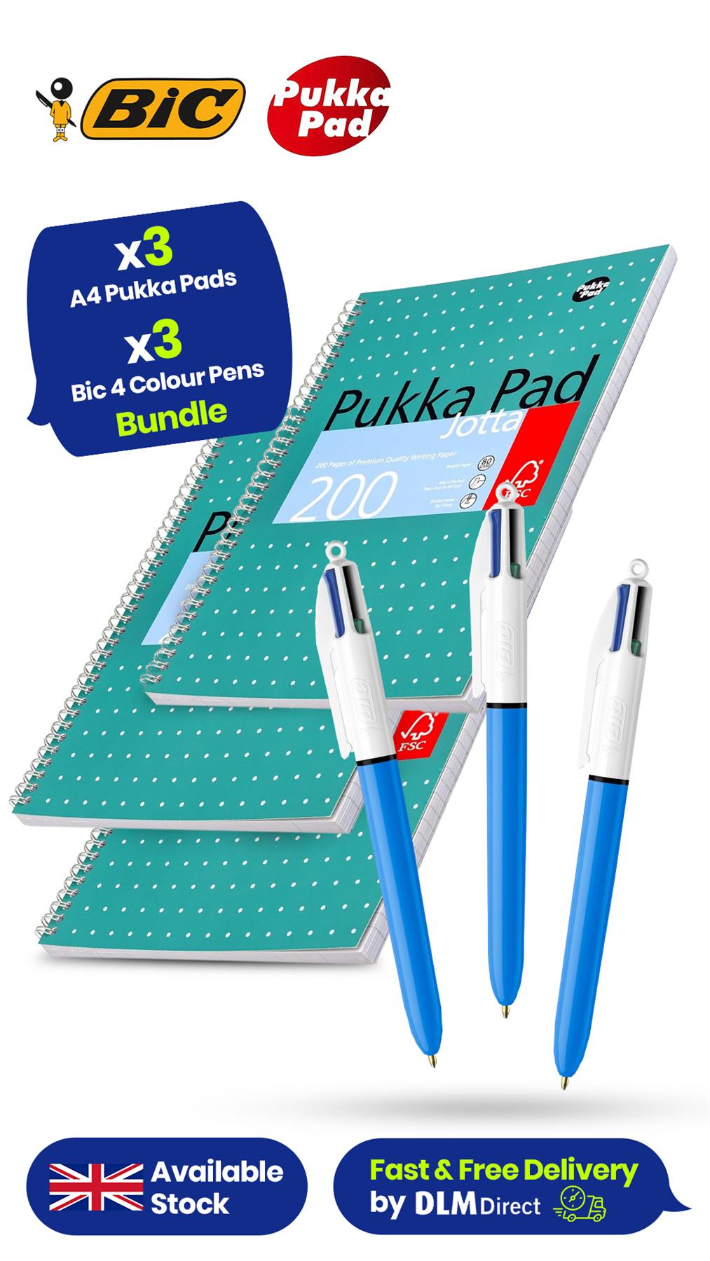 Pukka Pad A4 Metallic Jotta Book 3 Pack & BIC 4 Colours Original Ballpoint Pens Pack of 3, Wirebound Notebook with 200 Pages & Multi-Coloured Pens for School & Office Use