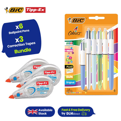 BiC 4 Colours Assorted Ballpoint Pens Medium Nib Assorted Ink - Blister Pack of 6 + Tipp-Ex Mini Pocket Mouse Correction Roller (Pack of 3)