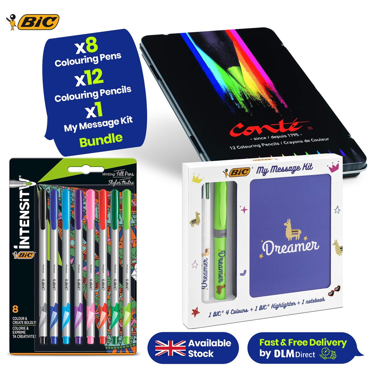 8x BIC Intensity Felt Tip Pens & 12x BIC Conte Colouring Pencils with My Message Dreamer Kit for School