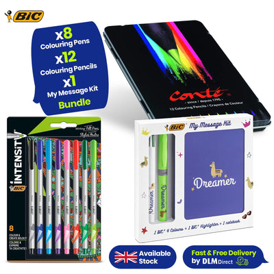 8x BIC Intensity Felt Tip Pens & 12x BIC Conte Colouring Pencils with My Message Dreamer Kit for School