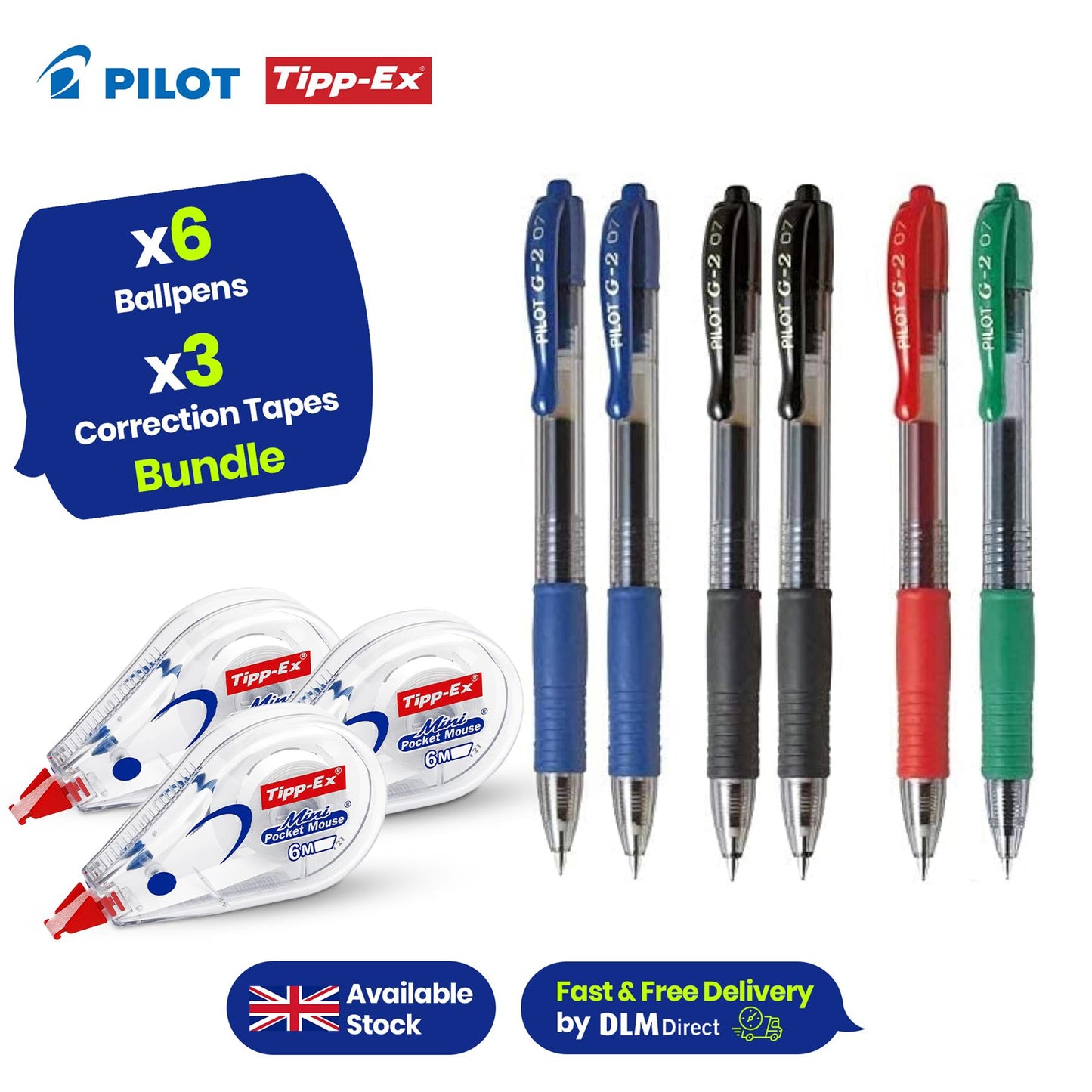 Pilot G2 6-Pack Pens, 2 Blue, 2 Black, 1 Red, 1 Green & Tipp-Ex Mini Correction Tape Rollers