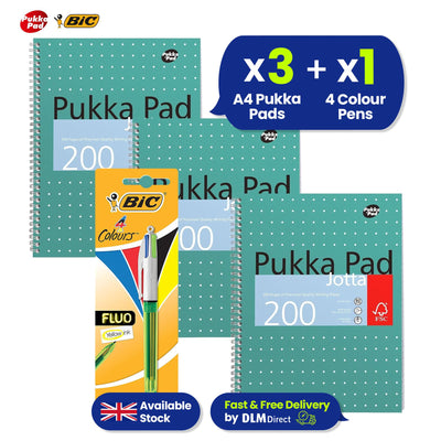 Pukka Pad 3x A4 Jotta Notebook & BIC 4 Colours Fluo Ballpoint Pen Ideal for School and Office Use