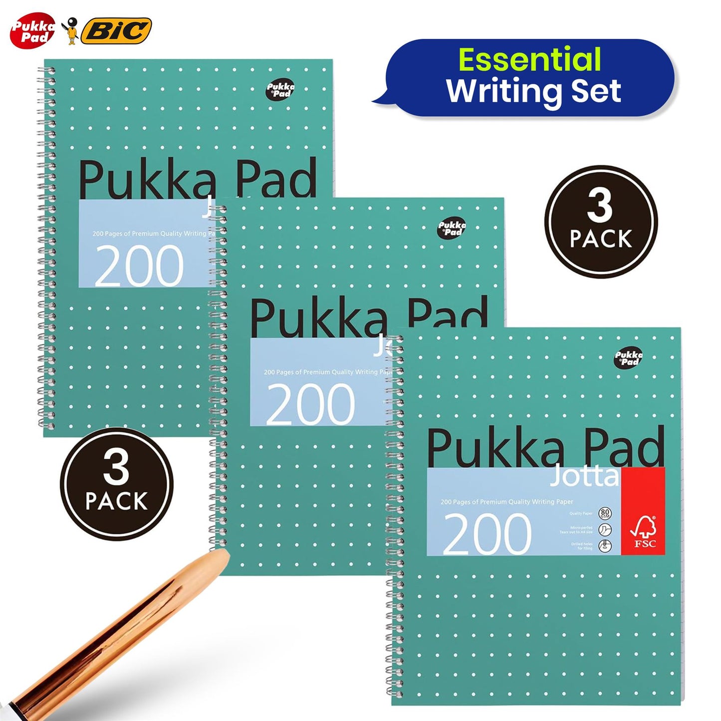 Pukka Pad 3x A4 Jotta Notebook & BIC 4 Colours Pens Rose Gold Pack of 3 Ideal for School and Office Use