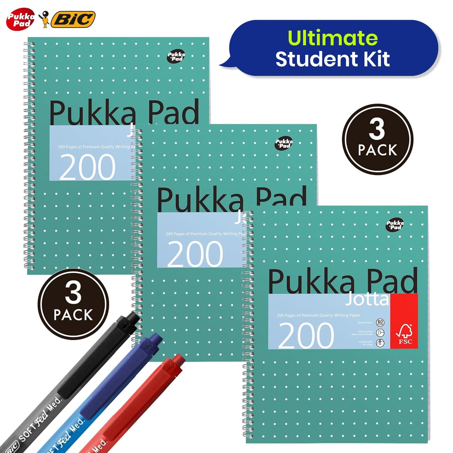 Pukka Pad 3x A4 Jotta Notebook & BIC Soft Feel Ballpoint Pens Pack of 3 Ideal for School and Office Use