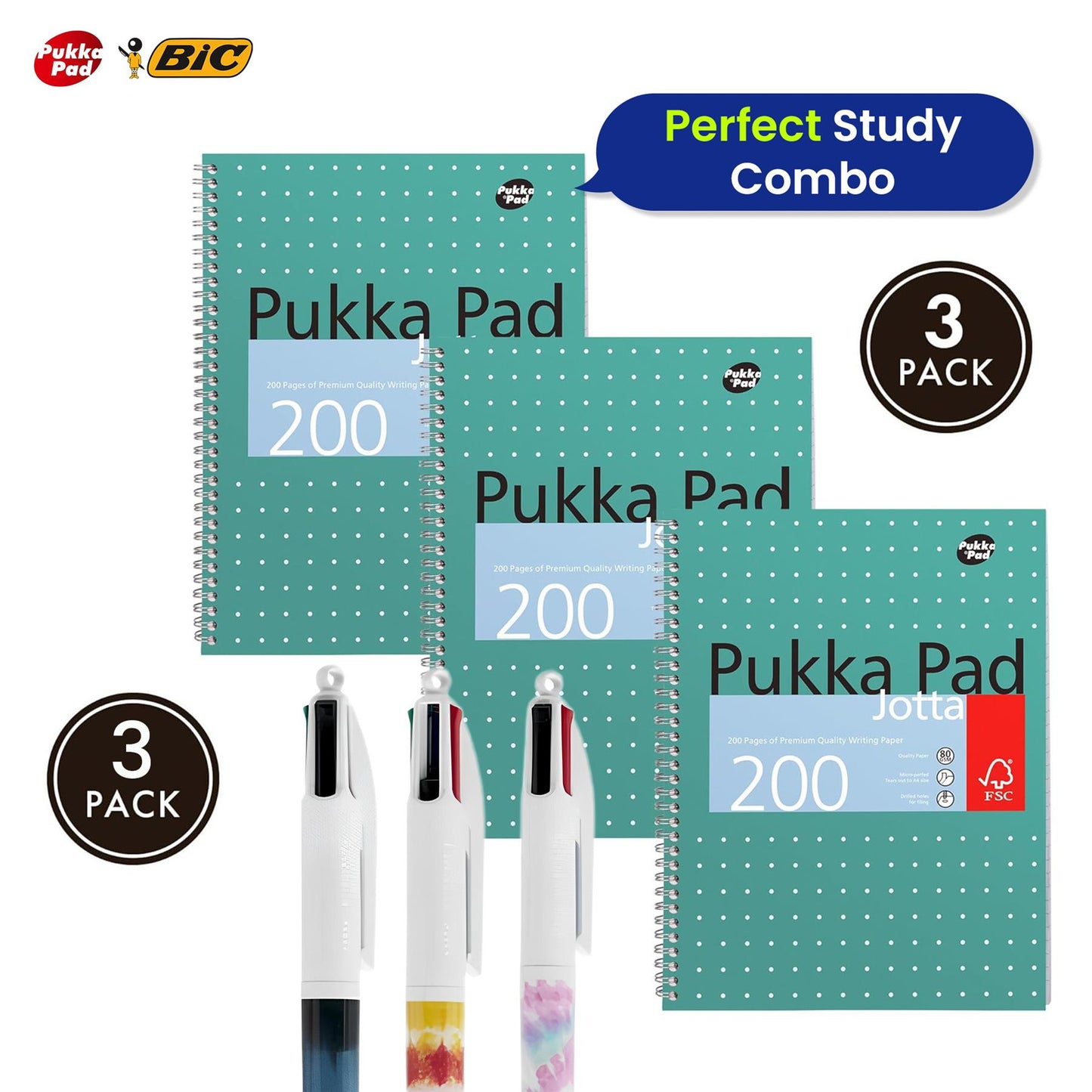 Pukka Pad 3x A4 Jotta Notebook & 3x BIC 4 Colour Tie Dye Ballpoint Pens1.0mm Medium Tip Ideal for School and Office Use