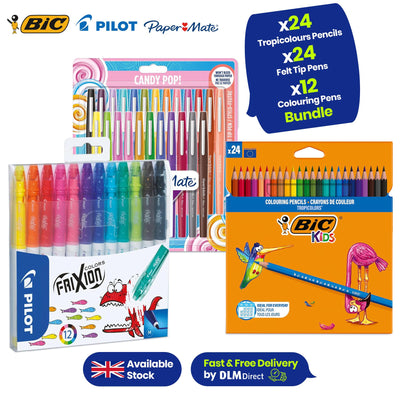 BIC Kids Tropicolours Coloured Pencils 24 per Pack + Paper Mate  For Kids & Adult Colouring, Journalling & More | 24 Count + Pilot Frixion Colors Erasable Fibre Tip Colouring Pen - Assorted, Pack of 12