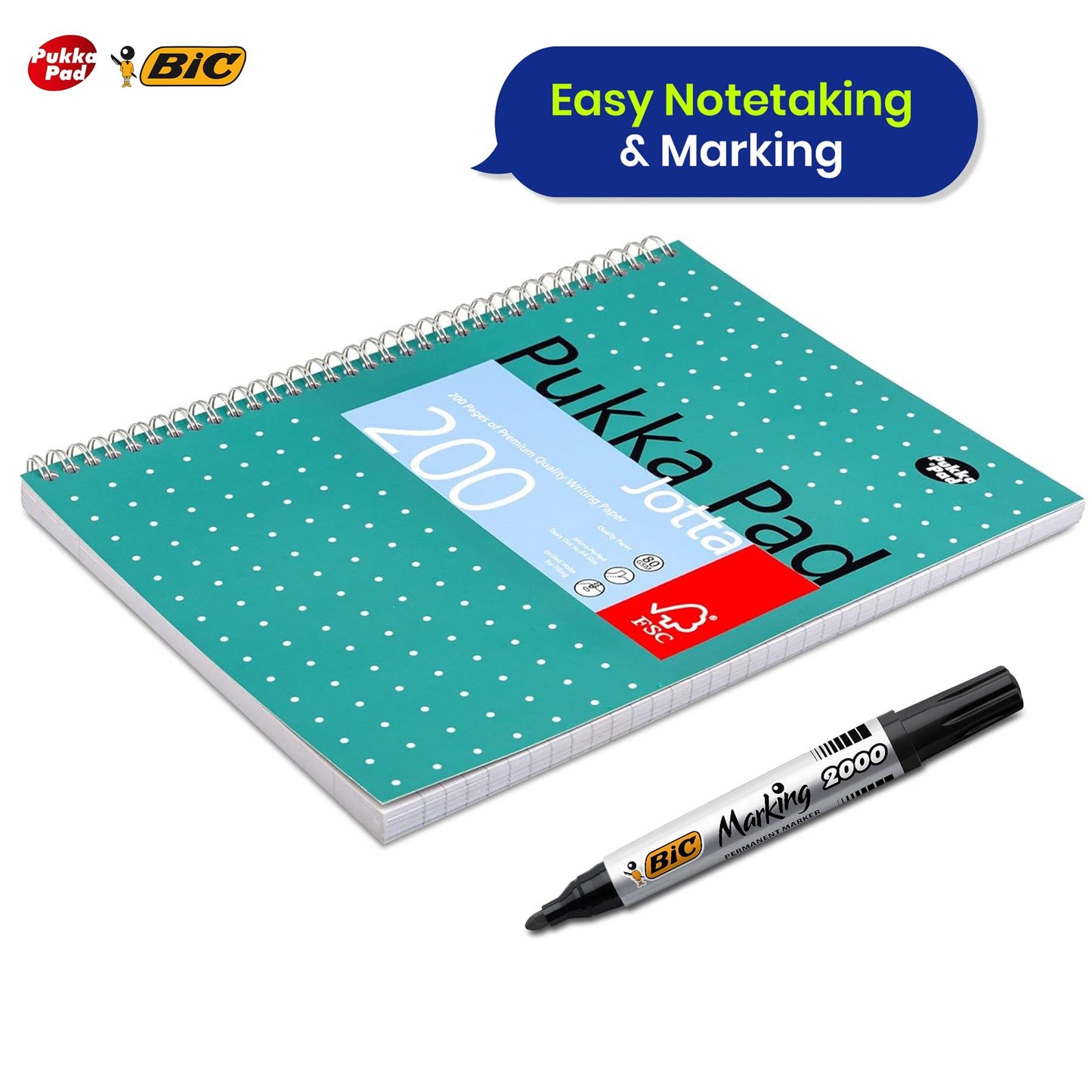 Pukka Pad, A4 Metallic Jotta Book 3 Pack + BIC Marking 2000 ECOlutions Permanent Bullet Tip Markers - Black, (Pack of 3)